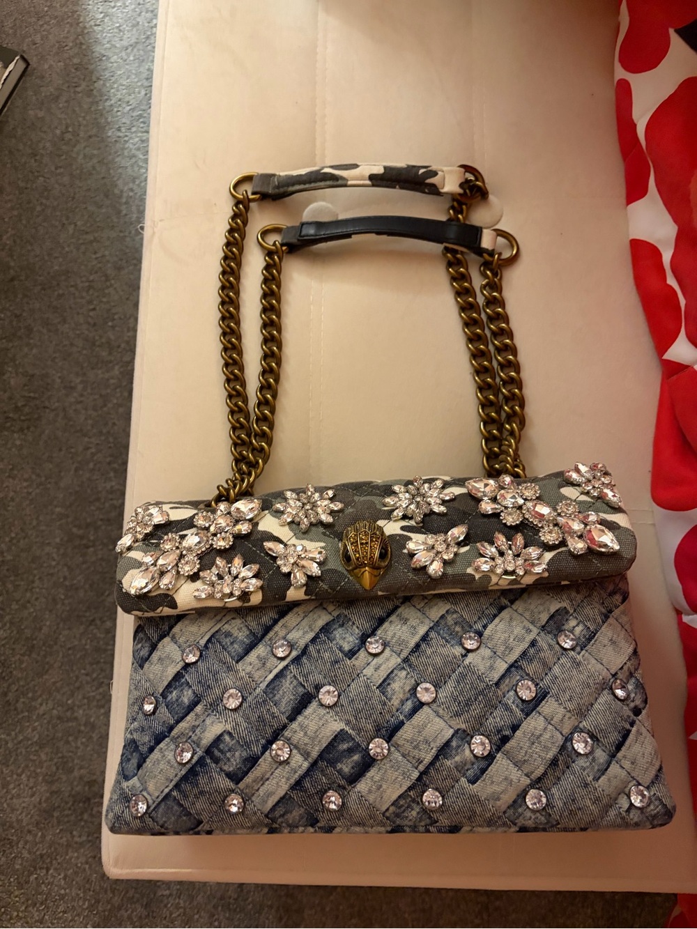 Kurt Geiger Blue Denim-Style Floral Crystal Shoulder Bag